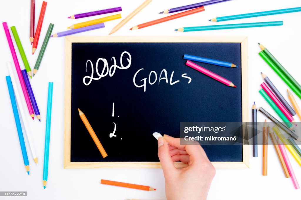 Hand writing 2020 new year with chalk in black board