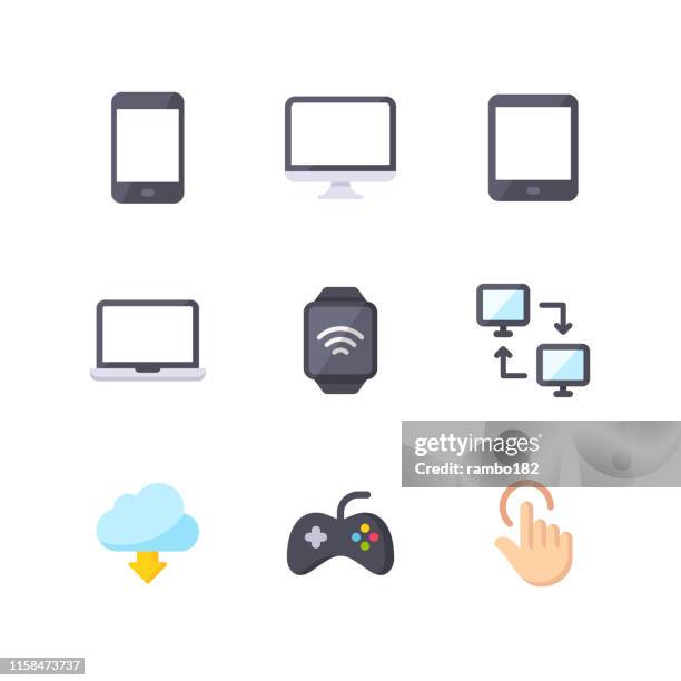 devices flat icons. pixel perfect. for mobile and web. contains such icons as technology, smartphone, computer monitor, tablet, laptop, smartwatch, computer network, cloud computing. - video game developer stock illustrations