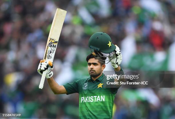 Babar Azam of Pakistan celebrates after scoring a century during the Group Stage match of the ICC Cricket World Cup 2019 between New Zealand and...