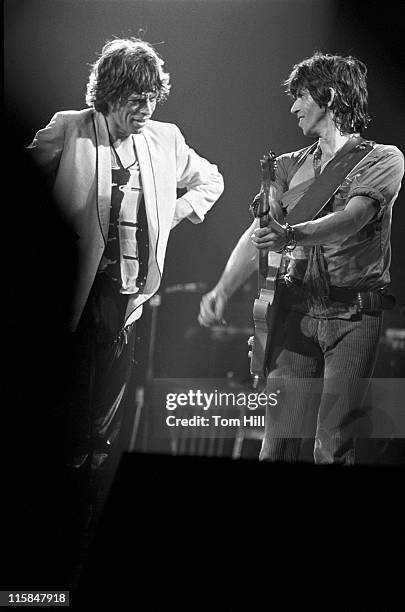 Singer-frontman Mick Jagger and guitarist Keith Richards of The Rolling Stones perform at the Fabulous Fox Theater on June 12, 1978 in Atlanta,...