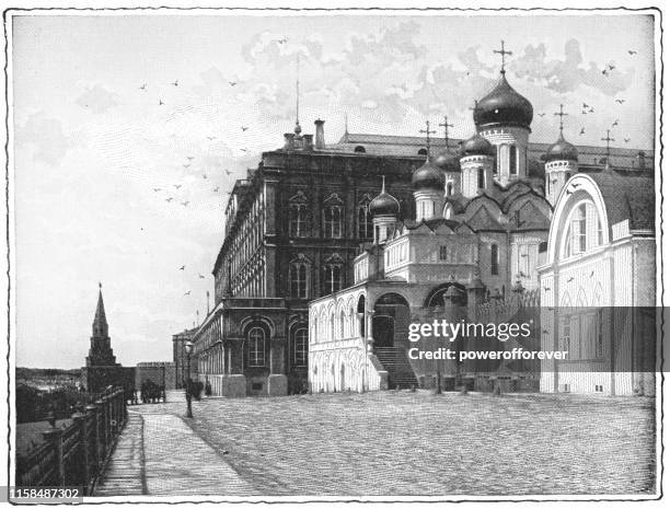 illustrations, cliparts, dessins animés et icônes de la cathédrale de l'annonciation à moscou, russie - empire russe 19ème siècle - orthodoxie russe