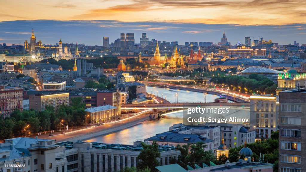 Sunset over landmarks of the Moscow Kremlin