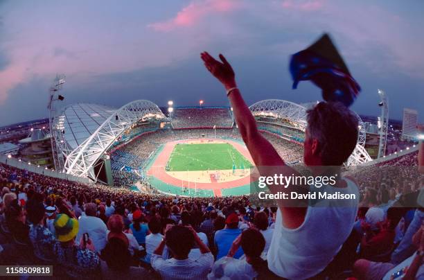 General view of Stadium Australia, also known as the Olympic Stadium or Homebush Stadium, during the Men's Pole Vault final of the Athletics...