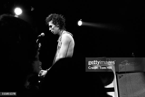 Bassist Sid Vicious of Sex Pistols performs in their first North American concert at The Great Southeast Music Hall on January 5, 1978 in Atlanta,...