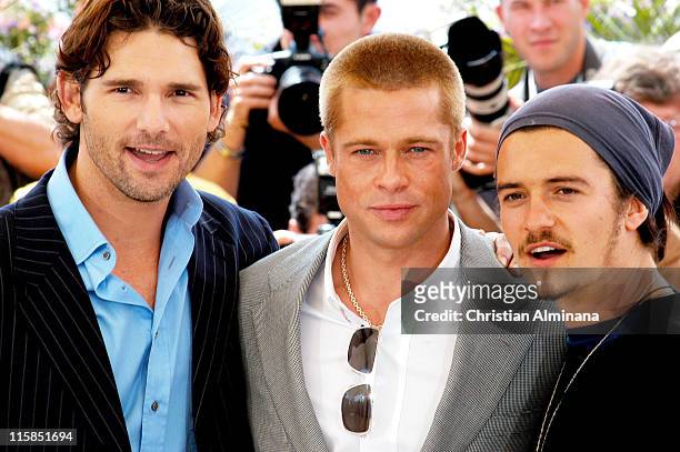 Eric Bana, Brad Pitt and Orlando Bloom during 2004 Cannes Film Festival - "Troy" - Photocall at Palais du Festival in Cannes, France.
