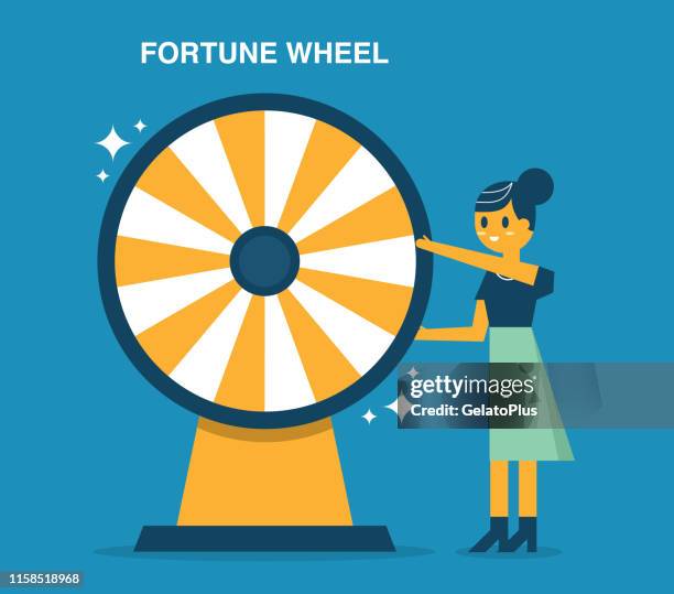 businesswoman with fortune wheel for gambling - fluke stock illustrations