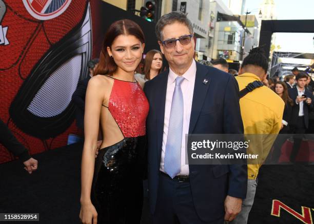 Zendaya and Chairman of Sony Pictures Entertainment Tom Rothman attend the premiere of Sony Pictures' "Spider-Man Far From Home" at TCL Chinese...