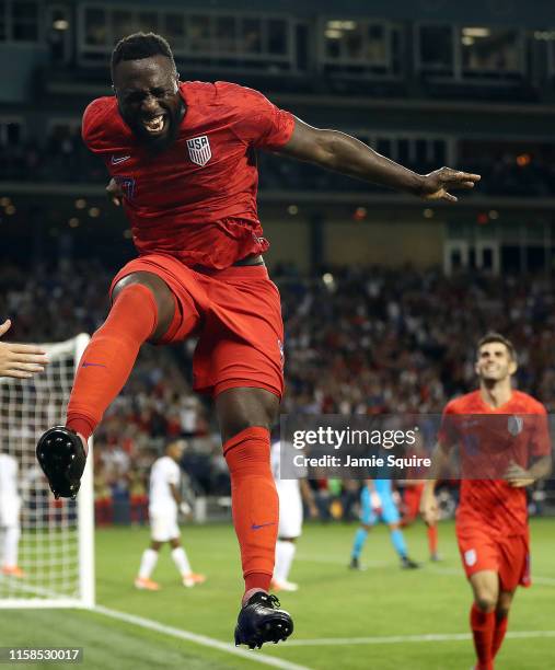 Jozy Altidore of the United States celebrates after scoring during the second half of the CONCACAF Gold Cup match against Panama at Children's Mercy...