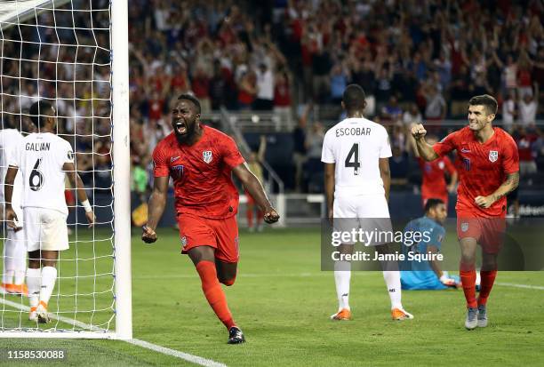 Jozy Altidore of the United States celebrates after scoring during the second half of the CONCACAF Gold Cup match against Panama at Children's Mercy...