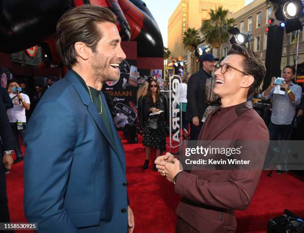 Jake Gyllenhaal and Tom Holland attend the premiere of Sony Pictures' "Spider-Man Far From Home" at TCL Chinese Theatre on June 26, 2019 in...