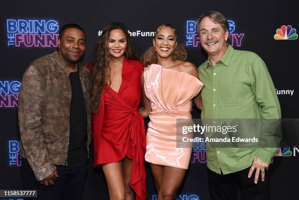 Kenan Thompson, Chrissy Teigen, Amanda Seales and Jeff Foxworthy arrive at the premiere of NBC's "Bring The Funny" at Rockwell Table & Stage on June...