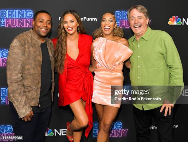 Kenan Thompson, Chrissy Teigen, Amanda Seales, and Jeff Foxworthy attend the premiere of NBC's "Bring The Funny" at Rockwell Table & Stage on June...
