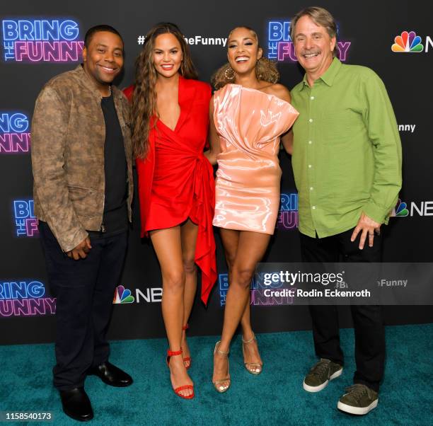 Kenan Thompson, Chrissy Teigen, Amanda Seales, and Jeff Foxworthy attend the premiere of NBC's "Bring The Funny" at Rockwell Table & Stage on June...