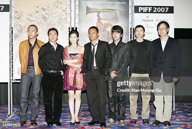 Actor Deng Chao, producer Wang Zhonglei, actress Tang Yan, actor Zhang Hanyu and Yuan Wenkang attend a photocall at the premiere of 'Assembly', the...