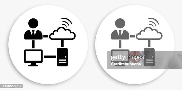 computer networking black and white round icon - multiple computer screens white background stock illustrations