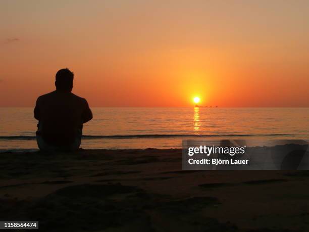 silhouette man sitting on the beach at sunset - lauer stock pictures, royalty-free photos & images