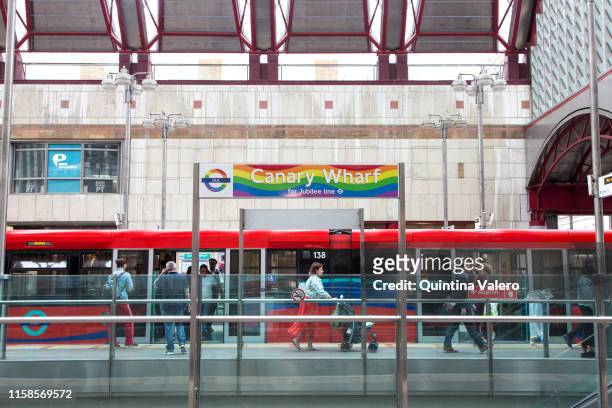Transport for London Pride roundel at Jubilee Line in Canary Wharf on June 26, 2019 in London, United Kingdom. The first Gay Pride Rally was held in...