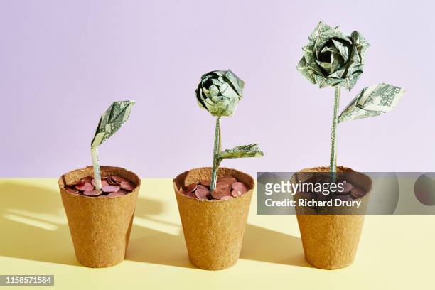 three origami dollar flowers in a row - prosperity stock pictures, royalty-free photos & images