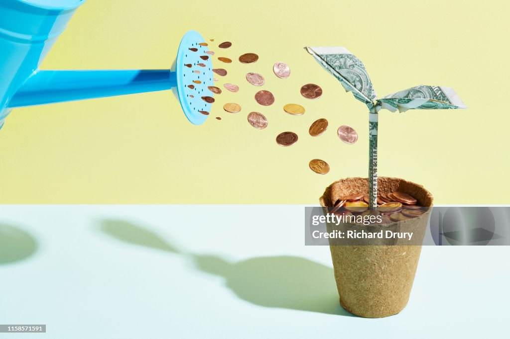 Origami dollar seedling being watered with coins