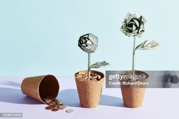 a flower pot with coins sits next to two origami dollar flowers - origami flower stock pictures, royalty-free photos & images