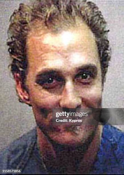 In this handout, American actor and producer Matthew McConaughey in a mug shot following his arrest in Austin, Texas, US, 25th October 1999.