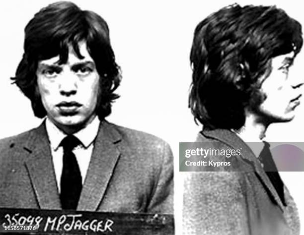 In this handout, English singer, songwriter, actor, and film producer Mick Jagger in a mug shot at Brixton Jail, London, UK, 1967.