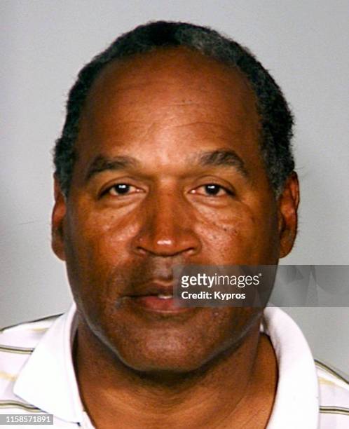 In this handout, American football running back, broadcaster, actor, and advertising spokesman OJ Simpson in a mug shot at the Clark County Detention...