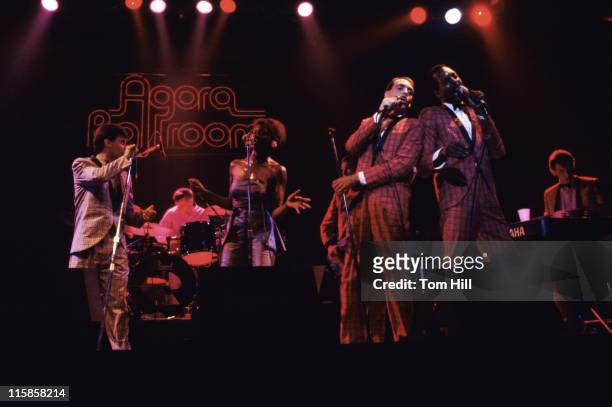 British doo-wop revival band Darts performs at the Agora Ballroom on September 4, 1981 in Atlanta, Georgia, United States.