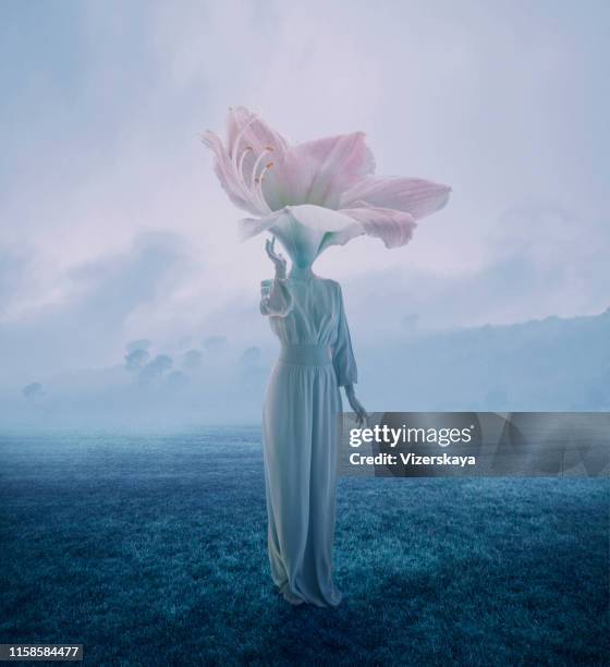 donne con la testa di fiore - surrealista foto e immagini stock