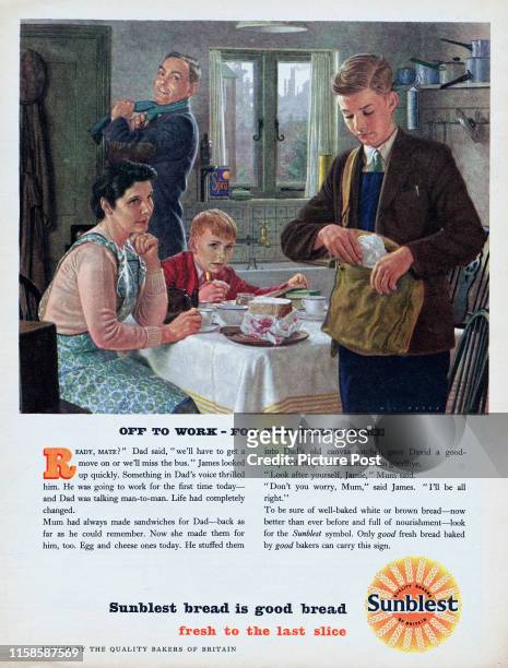 Sandwiches made with Sunblest bread are packed into a satchel as a father takes his son to work for the first time. Original Publication: Picture...