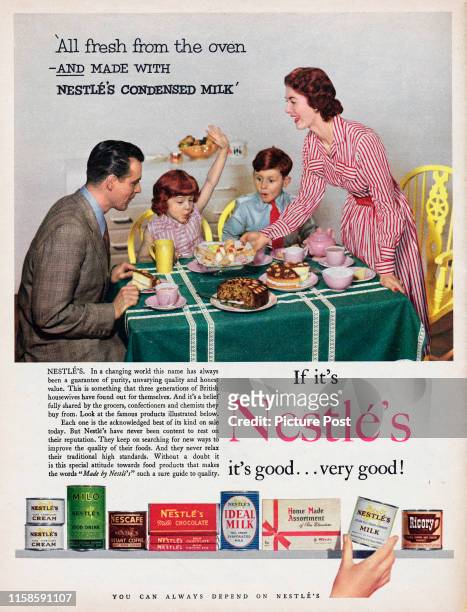 Advertisement for Nestle Condensed Milk showing a family sitting at a table to try a selection of cakes. Original Publication: Picture Post Ad - Vol...