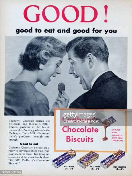 Couple sharing a box of Cadbury's Chocolate Biscuits below the caption 'GOOD! Good to eat and good for you.' Original Publication: Picture Post Ad -...