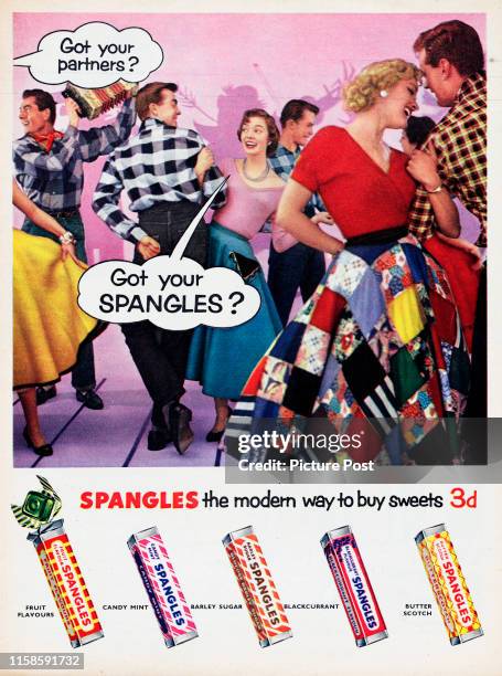 Advertisement for Spangles sweets showing couples square dancing. Original Publication: Picture Post Ad - Vol 70 No 10 P 21 - pub. 10th March 1956.