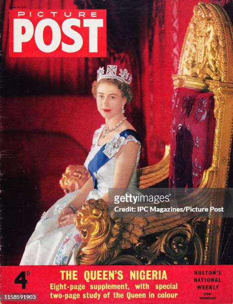 Portrait of Queen Elizabeth II in the ballroom of Buckingham Palace is featured for the cover of Picture Post magazine. Original Publication: Picture...