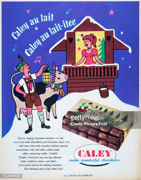 Advertisement for Caley Dari-Rich chocolate with the caption 'Caley au lait, Caley au lait-itee'. Original Publication: Picture Post Ad - Vol 69 No...