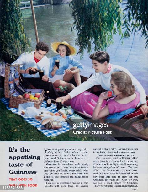 Advertisement for Guinness stout showing two couples enjoying a picnic while out punting. Original Publication: Picture Post Ad - Vol 71 No 14 P 13 -...