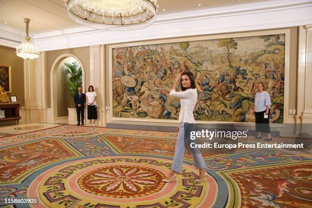 Queen Letizia of Spain attends several audiences at Zarzuela Palace on June 14, 2019 in Madrid, Spain.