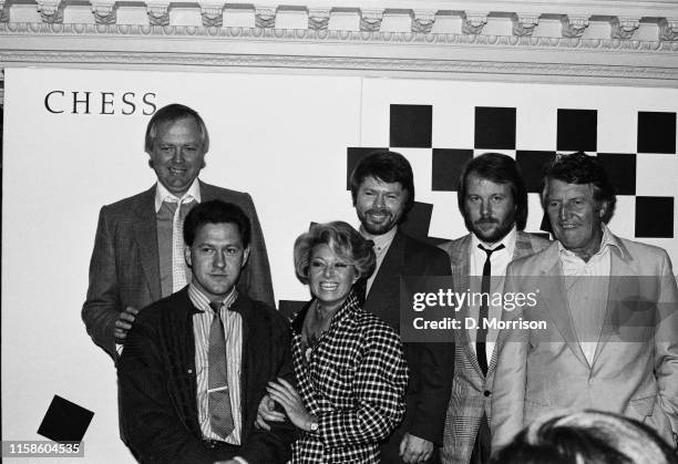 English author and lyricist Tim Rice with the cast of musical 'Chess' Tommy Korberg, Elaine Paige, Denis Quilley and Swedish musicians Bjorn Ulvaeus...