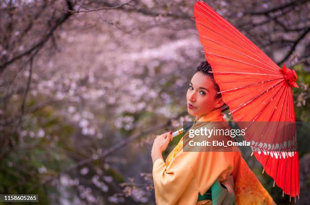 portrait of attractive woman with kimono and red umbrella at sakura in japan - season in kyoto imagens e fotografias de stock