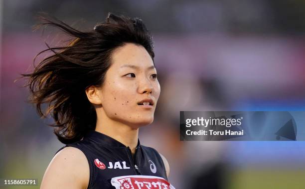 Anna Doi reacts after the Women's 100m semifinal on day one of the 103rd JAAF Athletics Championships at Hakata-no-Mori Athletic Stadium on June 27,...