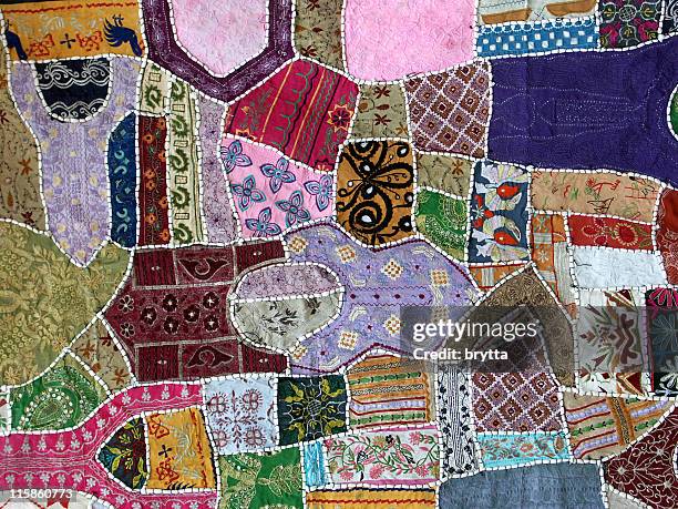 colorful textile handmade in rajasthan,india. - patchwork stockfoto's en -beelden