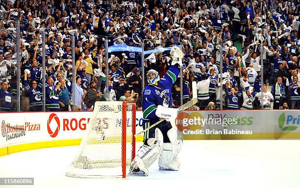 Roberto Luongo of the Vancouver Canucks reacts just before the horn to end Game Five of the 2011 NHL Stanley Cup Finals with a 1-0 shut out of the...