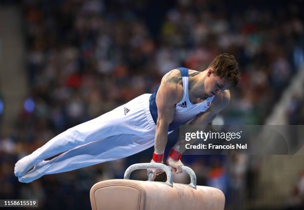 Brinn Bevan of Great Britain competes in the Pommel Horse Qualification during day seven of the 2nd European Games at Minsk Arena on June 27, 2019 in...