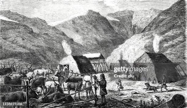 settlement of the lapps, norway - sami stock illustrations