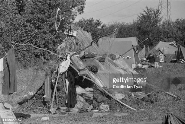 An improvised shelter at the Glastonbury Fair music festival, 22nd - 26th June 1971. Later renamed the Glastonbury Festival, this was the second...