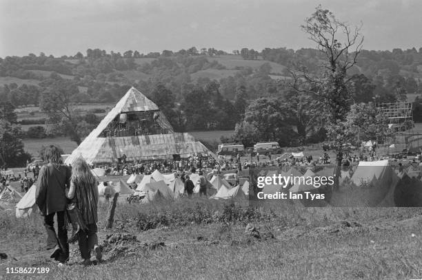 View of the Glastonbury Fair music festival, which saw the first use of a pyramid stage, 22nd - 26th June 1971. Later renamed the Glastonbury...