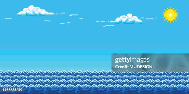 stockillustraties, clipart, cartoons en iconen met pixel art achtergrond met hemel en zee. - zeegezicht