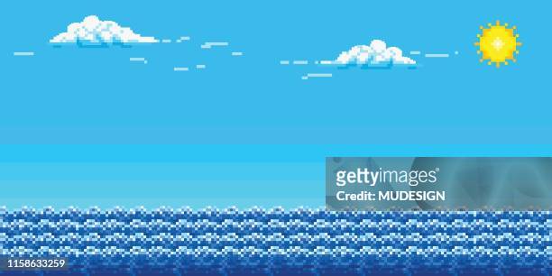 pixel art background with sky and sea. - pixels stock illustrations