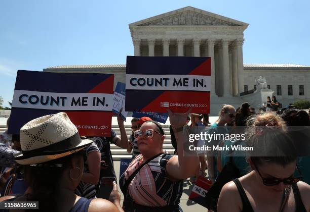 People gather in in front of the U.S. Supreme Court as decisions are handed down on June 27, 2019 in Washington, DC. The high court blocked a...