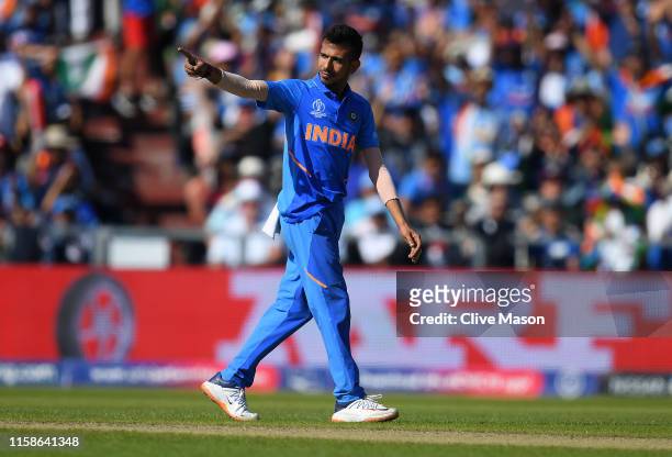 Yuzvendra Chahal of India celebrates dismissing Jason Holder of West Indies during the Group Stage match of the ICC Cricket World Cup 2019 between...